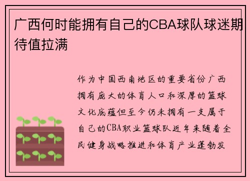 广西何时能拥有自己的CBA球队球迷期待值拉满