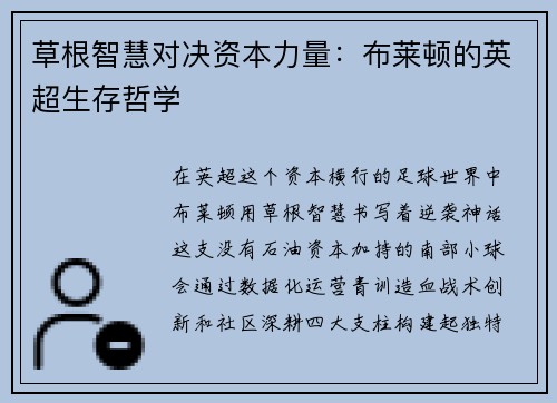 草根智慧对决资本力量：布莱顿的英超生存哲学