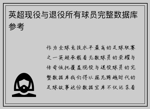 英超现役与退役所有球员完整数据库参考